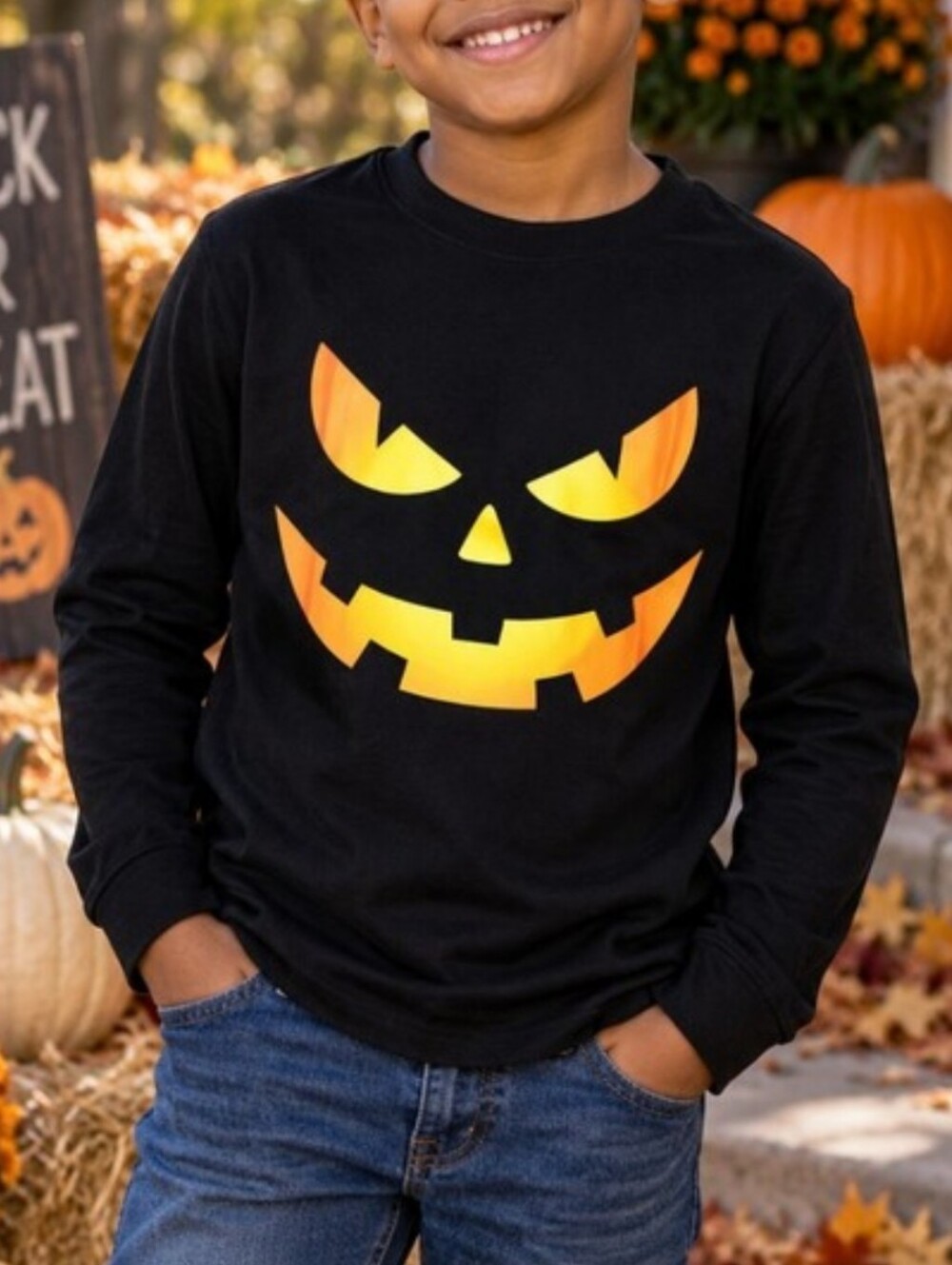 The Children's Place Boys Jack O Lantern Halloween Black Shirt Medium 7/8 -G